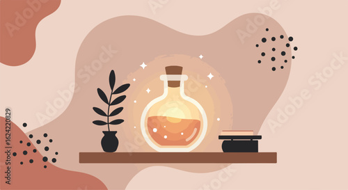 Potion sits on shelf with plant and book against earth tone abstract background