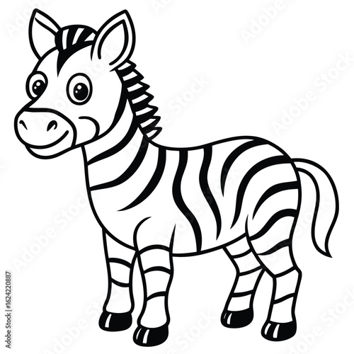 Cartoon Zebra Illustration with Bold Black Stripes Standing Isolated on White Background for Coloring Page