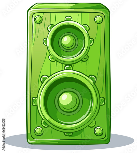 Green Wooden Speaker with Two Loudspeakers. Retro Cartoon Style Audio System Isolated on White