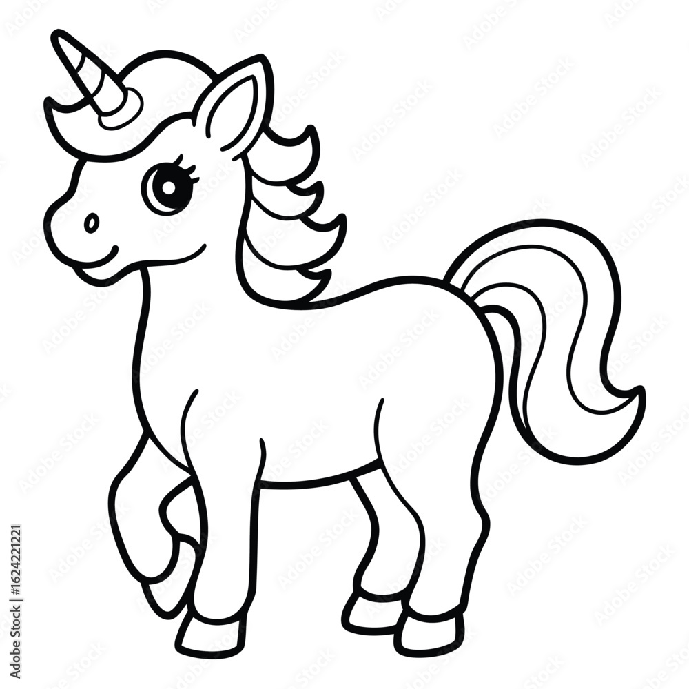 Fototapeta premium Cute Cartoon Unicorn Illustration with Mane, Tail, and Horn, Black and White