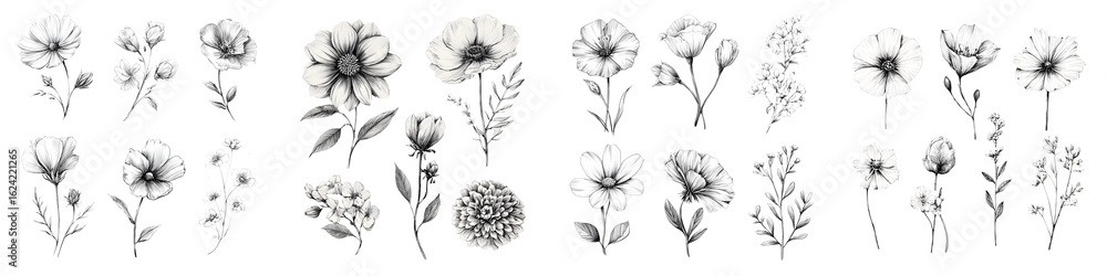 Obraz premium Set of Hand Drawn Floral Elements, Black and White