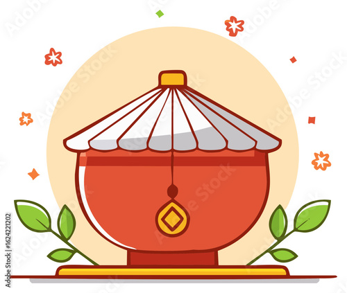 Auspicious red pot with elegant umbrella lid and golden good luck charm vector illustration