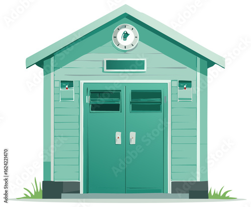 Teal beach shed with clock and double doors illustration