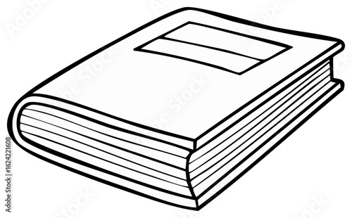 Simple black and white line drawing of a closed hardcover book with a label on the cover