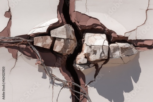 Cracked white wall with embedded stones and dark fissures