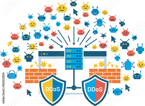 Distributed Denial of Service attack illustrated with robots bombarding a server protected by firewalls.