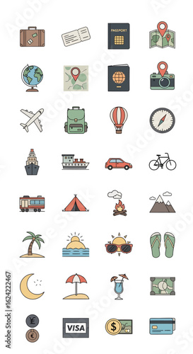 Colorful travel icons depicting various modes of transport, destinations, and essential travel items.