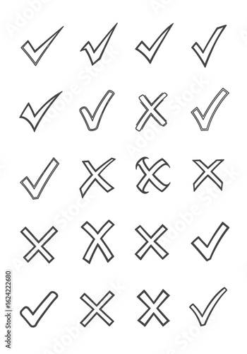 A collection of hand-drawn checkmarks and crosses, presented in a grid formation, symbolizing choices, decisions, and verification.