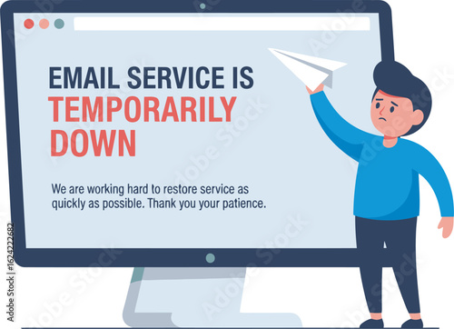 A cartoon man sadly holds a paper airplane in front of a computer screen displaying an email service outage message.