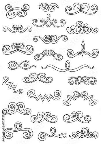 A collection of hand-drawn black and white calligraphic flourishes and decorative swirl ornaments.