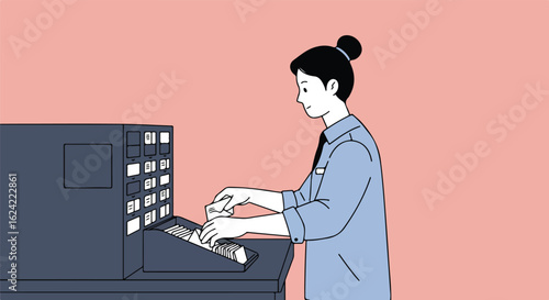 Woman filing cards in cabinet on pink background for document keeping usage