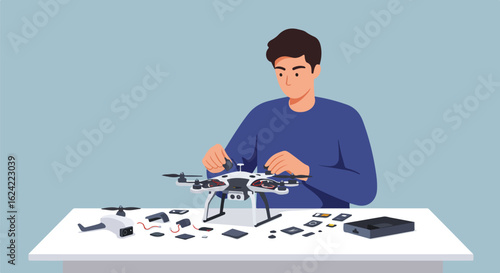 Man Repairs Drone on Table, Pieces Scattered, for Industrial Aerial Videos
