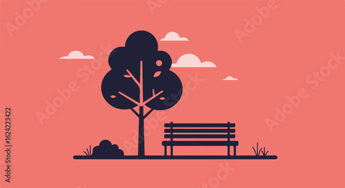 Simple Flat Park Illustration; Bench, Tree, and Clouds for website background