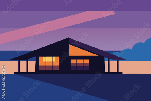 minimalist ocean front bungalow at twilight   (1).eps