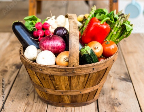 A rustic basket overflows with colorful fresh vegetables, showcasing the bounty of nature with rich texture and vibrant tones.