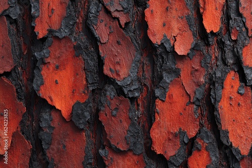 Close-up of a tree bark with layered, reddish-brown and dark patches
