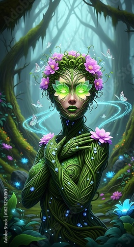 Fantasy Woman with Ivy Hair and Butterflies in Enchanted Forest –fantasy woman, Mystical Portrait 

