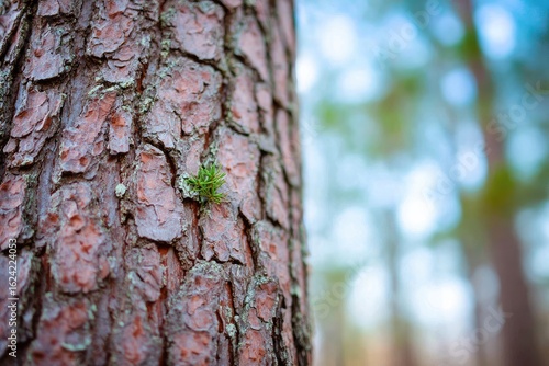 Close-up of a small sprout emerging from a rough pine tree trunk
