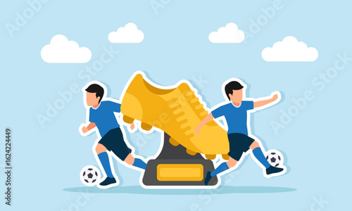 two football players playing near a golden boot trophy illustration of competition for the top goal scorer title