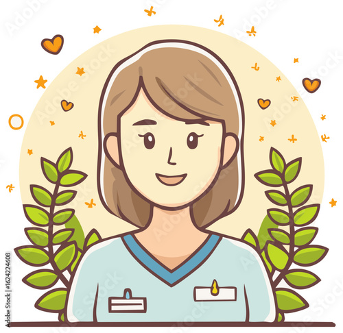 Cute cartoon illustration of a smiling female nurse or healthcare worker in scrubs surrounded by leaves and hearts