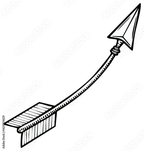 Stylized Black and White Arrow Flying Upwards with Fletching and Sharp Point