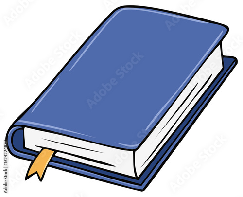 Illustrated blue book with a bookmark and pages visible