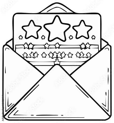 Hand-drawn open envelope with stars on a card inside, black and white illustration