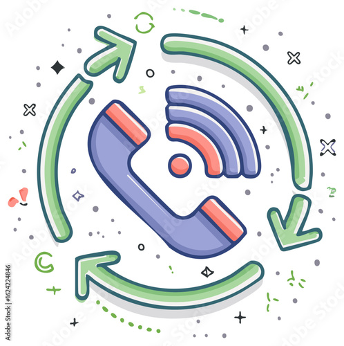 Cartoon illustration of a telephone handset with signals and arrows in circular motion.