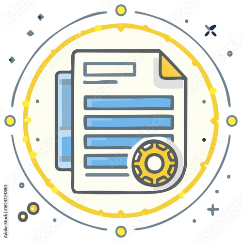 Documents stacked with gear icon within decorative circle showcasing configuration details
