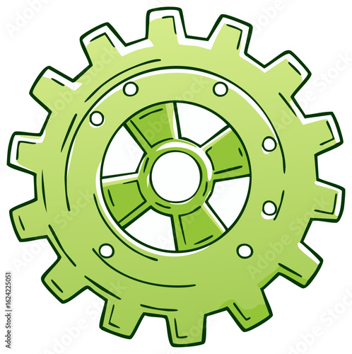 Stylized green gear illustration with bold outlines and inner spokes for mechanical concepts