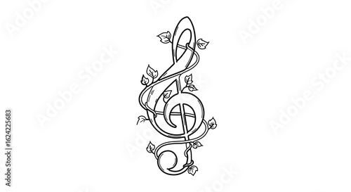 Treble clef music note with vine and leaves illustration for musical score and design inspiration