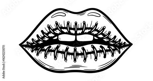 Stitched lips vector illustration for halloween or gothic theme graphic design and tattoo artwork concept