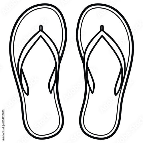 Black and White Illustration of Two Flip Flops, Summer Footwear, Beach Sandals