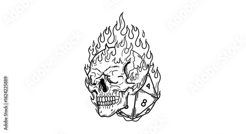 Skull and dice with flames illustration for tattoo design or rpg game art vector graphic design 100