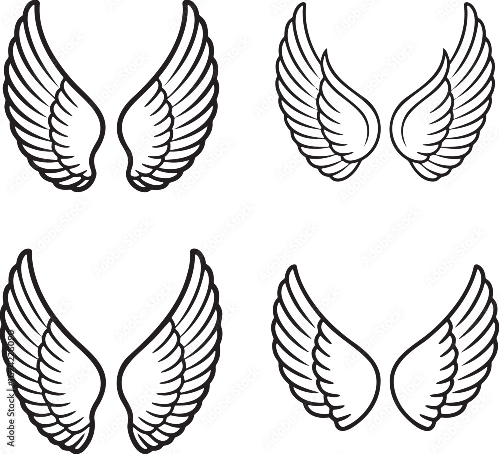 Fototapeta premium Set of Feathered Wing Outline vector illustration isolated On Transparent Background