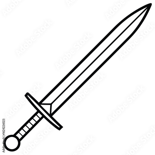 Black and White Line Art Illustration of a Medieval Sword with Detailed Hilt
