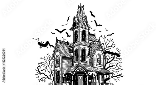 Haunted house vector image for halloween with bats and spooky trees perfect for graphic design projects