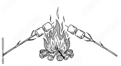 Campfire marshmallows roasting over open fire vector illustration outdoor camping summer adventure 100
