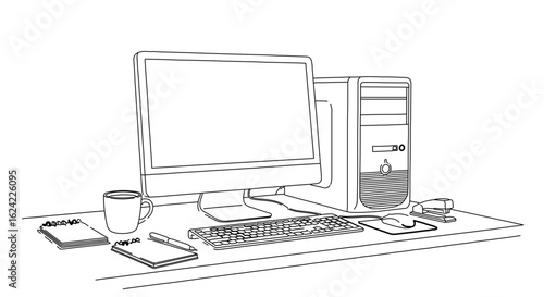 Illustration of computer workstation setup with pc monitor keyboard and office supplies on desk top view 100