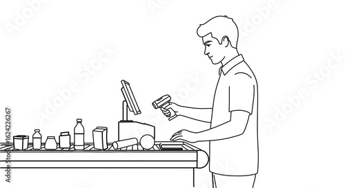 Checkout cashier scanning groceries at supermarket point of sale system retail store checkout line illustration