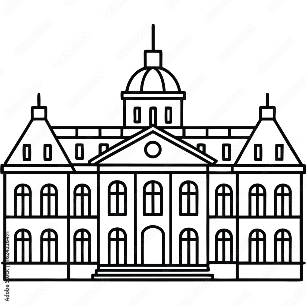 Black Outline Drawing of Government Building with Arched Windows and Dome Top Black Outline Drawing of Government Building with Arched Windows and Dome Top