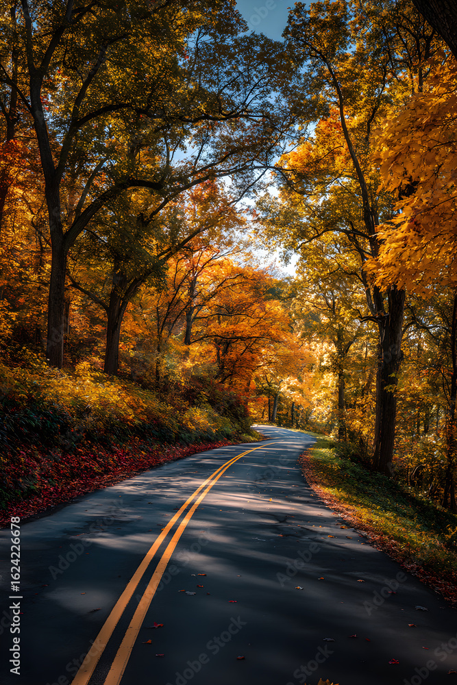 Fototapeta premium Discover the Breathtaking Beauty of an Autumn Foliage Drive: A Scenic Journey Through Vibrant Fall Colors
