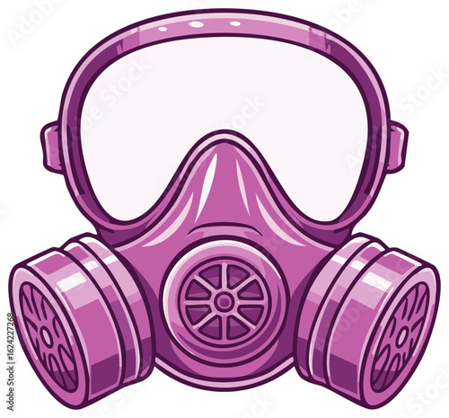 A stylized cartoon illustration of a purple gas mask respirator with dual filters.