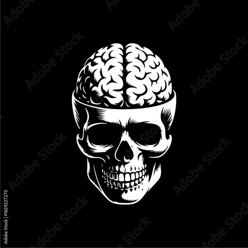 A stark black and white illustration of a skull with exposed brain.