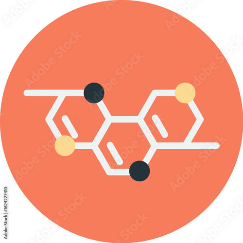 A stylized illustration of a molecular structure, featuring hexagonal shapes and colored spheres.