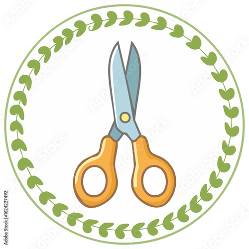 Cartoon illustration of scissors with a green leaf wreath on a white background