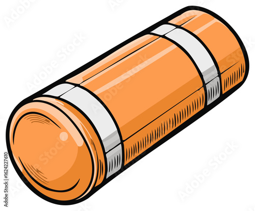 Illustration of an orange cylindrical object with silver bands and a reflective cap