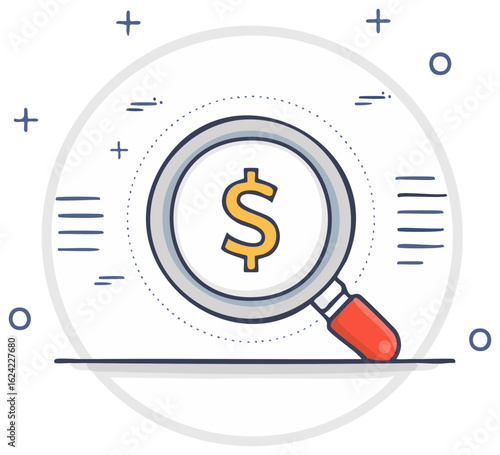Financial analysis icon with a magnifying glass over a dollar sign for investment search and audit