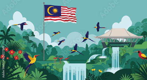 The lush tropical landscape of Malaysia, with diverse wildlife and a waterfall, under the Malaysian flag, symbolizes the country's natural beauty and biodiversity.