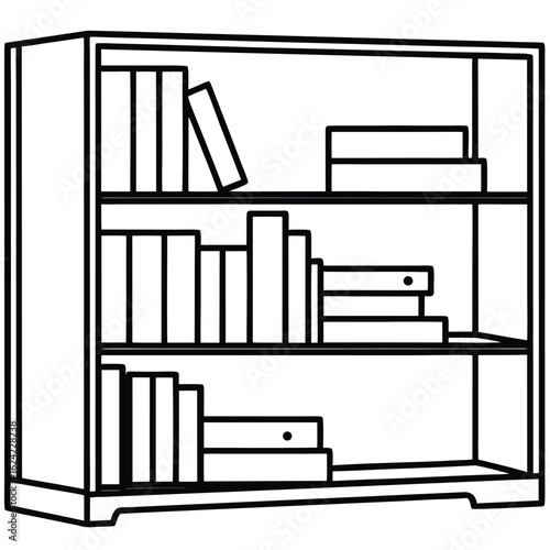 Outlined Bookshelf Illustration Wooden Furniture with Three Shelves and Various Placed Books
